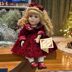 Vintage Porcelain Musical Red Velvet Doll with Blonde Curls
